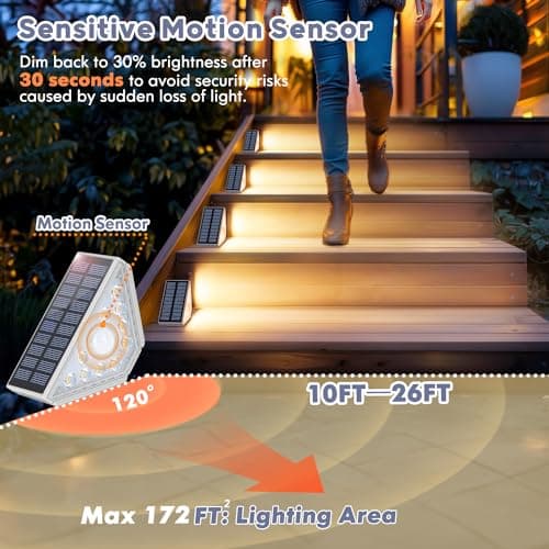Motion Sensor Solar Stair Lights Outdoor, 8-Pack Super Bright LED Solar Powered Step Lights for Outside, 550LM IP67 Waterproof Outdoor Sensor Lights for Stair Porch Yard Deck, Warm White