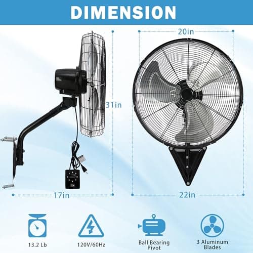 Wall Mount Fan Oscillating,Industrial Heavy Duty Metal 3 Speed Fan,20 Inch High Velocity Adjustable Tilt,Use for Garage, Shop,Warehouse, Patio, Factory and Homes.