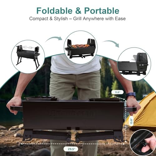 Brand-Man portable Charcoal Grill with Motor, 2-in-1 Adjustable Spit Roaster & BBQ Grill for Camping, Tailgating, Backyard, & Outdoor Cooking, Foldable Legs & dual side vents