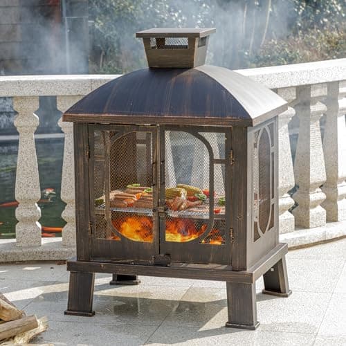 45" H×31''W Metal Chiminea Fire Pit with Grill, Wood Burning Fire Pits for Outside,Square Chimineas Fireplace with Mesh Spark Screen Door& Fire Poker for Garden,Yard,BBQ,Bonfire