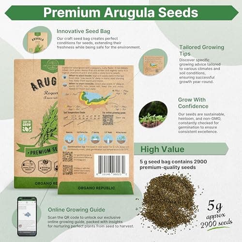 Organo Republic Arugula Roquette Seeds Pack 5G - Over 2900 Non-GMO Heirloom Arugula Seeds for Planting Greens in Individual Seed Packet, Greens Seeds for Planting Home Garden Indoor & Outdoor Garden