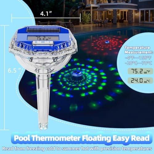 Solar Digital Pool Thermometer Floating Easy Read, Solar Pool Temperature Thermometer with Dynamic Light Show, Large LCD Screen & IP68 Waterproof Pools Water Temperature Guage for Hot Tub,Spa