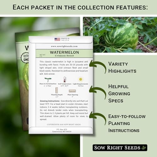Sow Right Seeds - Watermelon Fruit Seeds Collection for Planting - Crimson Sweet, Allsweet, Sugar Baby, Tendersweet, and Orangeglo Melons - Non-GMO Heirloom Seeds to Plant a Home Vegetable Garden