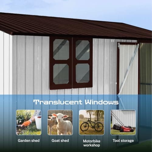 12' x 10' XL Outdoor Storage Shed, Sturdy Metal Building w/Windows & Lockable Doors for Garden, Backyard, Poolside and Lawn, Brown+White