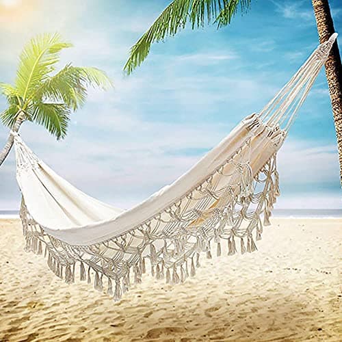 Xuanmuque Double Sized Boho Macrame Cream Hammock with Elegant Tassels and Fishtail Knitting 485Lbs Includes Tie Ropes and White Drawstring Bag for Women
