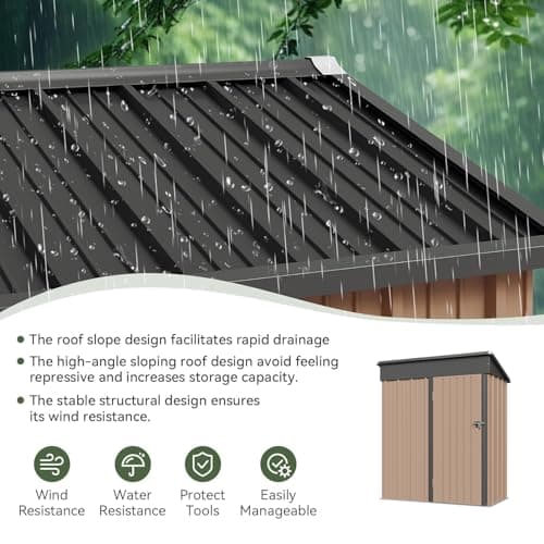 Aoxun 5x3 FT Shed Outdoor Waterproof Storage Shed Metal Garden Shed with Lockable Doors & Slooping Roof for Backyard, Patio, Poolside (Brown)