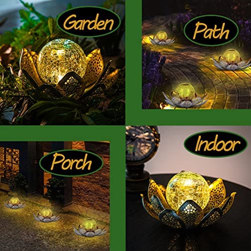 DUSVALLY Lotus Solar Globe LED Light Garden Decoration, Outdoor IP65-Waterproof Crack Glass Hollow Out Retro Silver Metal Light for Patio & Lawn & Pathway Landscape, 12" * 6"