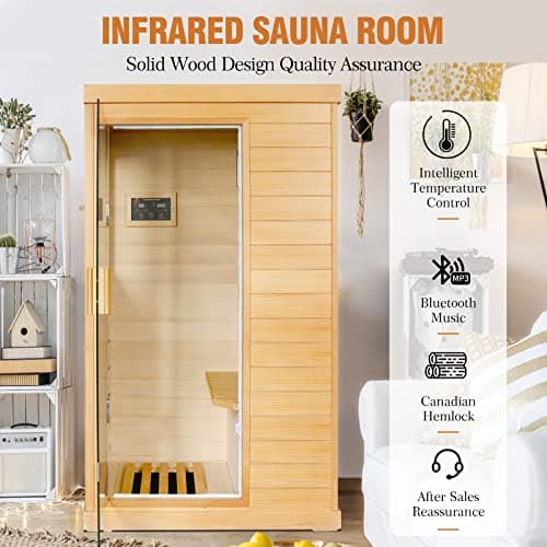 Far Infrared Sauna Home Sauna Spa Room Canadian Hemlock Wood 800W Indoor Saunas 110V with Control Panel and Tempered Glass Door, Room: 35.2 * 27.6 * 61.6Inch