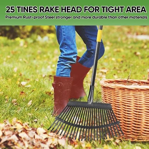 Garden Leaf Rakes, 6FT Rake for Lawns Heavy Duty 25 Metal Tines 18.5 inch Wide, Adjustable Steel Handle, Rakes for Leaves, Gathering Shrub, Grass, Flower Beds