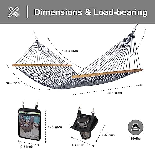 SUNCREAT Double Outdoor Hammock, Polyester Rope Hammock with Strong Spreader bar, Gray