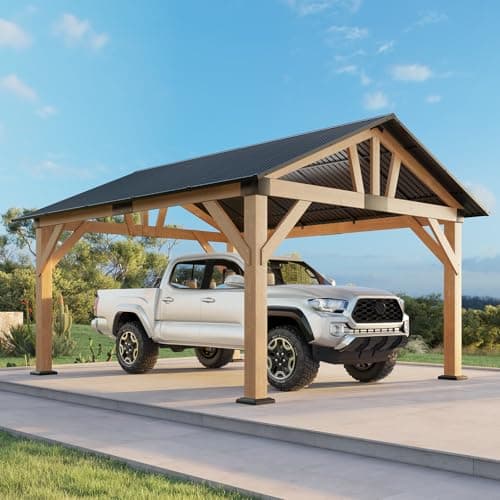 13x15 ft Wood Gazebo, Hardtop Pergola with Steel Gable Roof, Outdoor Gazebo with Guest House for Garden, Porch, Patio, Black + Natural Wood