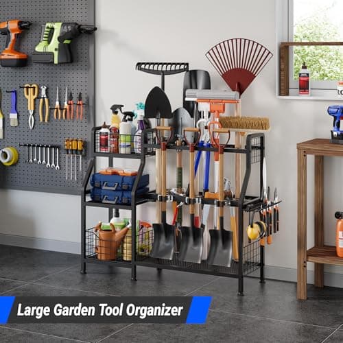 keomaisyto Garden Tool Organizer for Garage/Shed, 3 Tier Garage Tool Organizer and Storage Holder with Hooks, Large Garden Tools Tower Rack with Storage Basket for Shed/Yard/Lawn