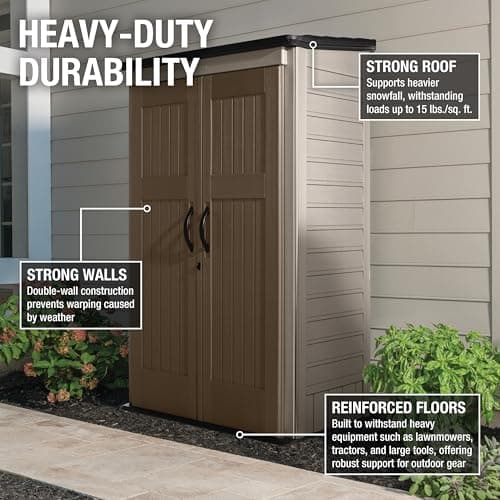Rubbermaid Vertical Resin Outdoor Storage Shed, With Floor (4 x 2.5 Ft), Weather Resistant, Brown, Organization for Home/Backyard/Garden Tools/Porch/Patio Cushions/Pool Chemicals/Toys