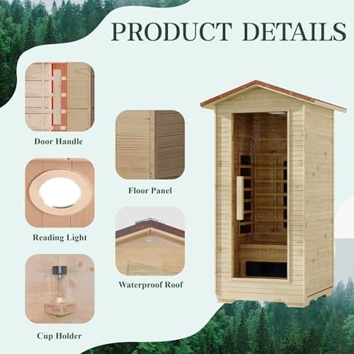 1 Person Outdoor Infrared Sauna - 3D Fast Heating Home Spa Sauna w/Chromotherapy Light, Wooden Sauna Room Kit w/Bluetooth Speaker (CE Certified,110V)