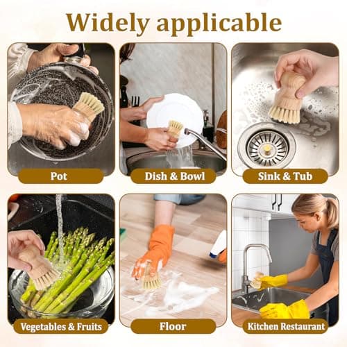 6 Packs Bamboo Dish Scrub Brushes Wok Brush Dish Scrubber Brush Kitchen Dishwashing Scrubber with Natural Bristles Bamboo Scrub Brush for Cleaning Pans, Pots, Sink