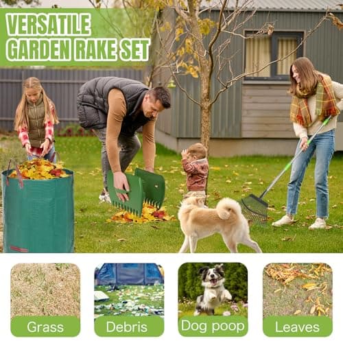JOYHALO 65 Inch Rake for Leaves, 25 Tines Metal Leaf Rake Set with 32 Gallon Leaf Bags Scoops, Garden Rakes 18in Wide, Rakes for Gardening Lawns Yard Outdoor Camping Shrub Grass Bush