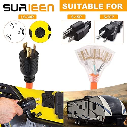 30Amp to 20Amp 110V Generator Adapter Cord, 3 Prong NEMA L5-30P to 5-20R/5-15R Generator Adapter Distribution Locking Cord with Lighted Power Indicator, STW 10 AGW, 1.5FT, ETL Listed