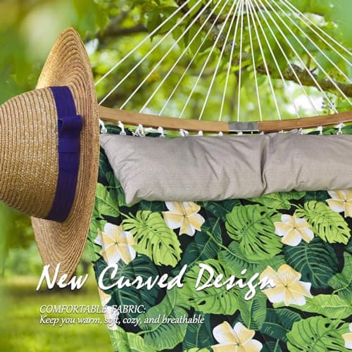 Double Hammock, 11 FT Quilted Fabric 2 Person Hammock for Outside with Pillow, Folding Curved Spreader Bar, Chains, Carrying Bag, Indoor Outdoor, 450 IB Capacity, GreenLeaves