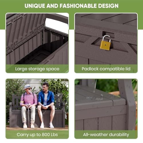 Patiowell 70 Gallon Plastic Storage Bench, Water-Resistant Deck Box for Patio Furniture, Garden Tools, Pool Storage and Outdoor Cushions, Brown