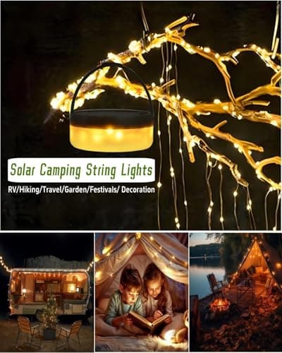 Solar Camping String Lights, 32.8FT Fairy String Lights 130LEDs, Portable Waterproof Camping Lamp with 8 Lighting Modes, Hanging Rechargeable Tent Lantern for Awning Garden Yard Party Decor