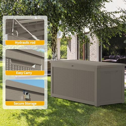 260 Gallon Resin Deck Box, Waterproof Outdoor Storage Box, Lockable for Patio Furniture, Garden Tools, Pool Accessories, UV-Resistant for All Weather Use, Coffee