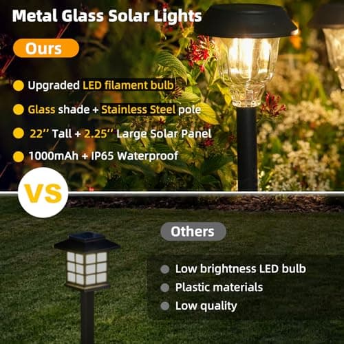 Solar Lights Outdoor, 6 Pack Solar Pathway Lights Waterproof, Metal Glass Outdoor Solar Lights, Auto On/Off Solar Outdoor Lights for Garden Yard Path Walkway Driveway
