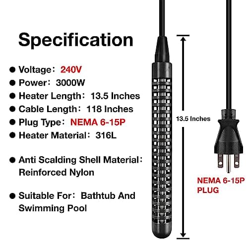 240V 3000W NEMA 6-15P Plug Immersion Bathtub and Swimming Pool Water Heater,Fully Submersible Portable Electric Heater,30 Galons Bathtub Heater,200 Galons Swimming Pool Heater,100% Waterproof