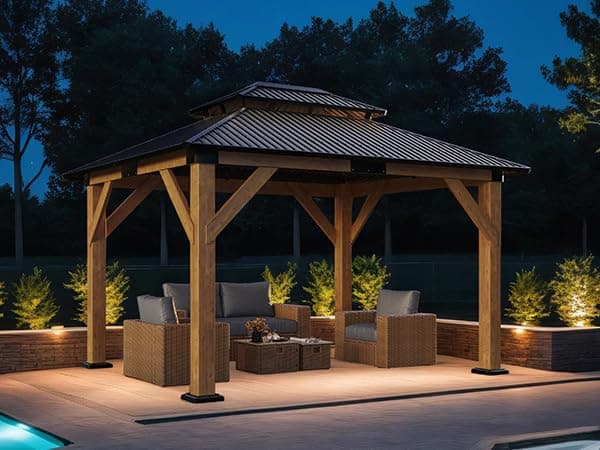 10x12 Wood Gazebo, Hardtop Outdoor Gazebo with Aluminum Double Roof, Outdoor Wooden Pavilion for Parties, Backyard, Patio, Lawns, Black + Natural Wood