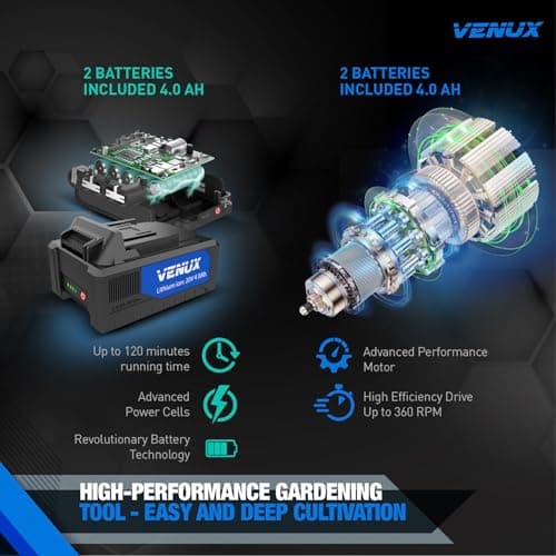 VENUX 20V Cordless Tiller Cultivator Electric Garden Tiller- 2 Batteries 4.0AH Included, 48 Steel Anti-Rust Tines 360RMP Tilling 9-in Width & 6.6-in Depth, Safety Gloves & Glasses Included