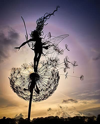 Flower Fairy Dancing with Dandelion Garden Art Sculpture Stainless Steel Statue Christmas Halloween Decoration for Outdoor Yard Courtyard Lawn Patio Metal Ornaments (Open Hands)