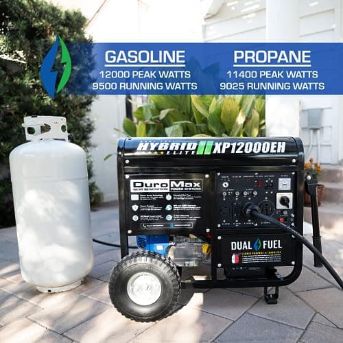 DuroMax XP12000EH 12,000-Watt Dual Fuel Portable Generator – Gas & Propane, Electric Start, Whole Home Backup Power, Transfer Switch Ready, RV & Emergency Ready