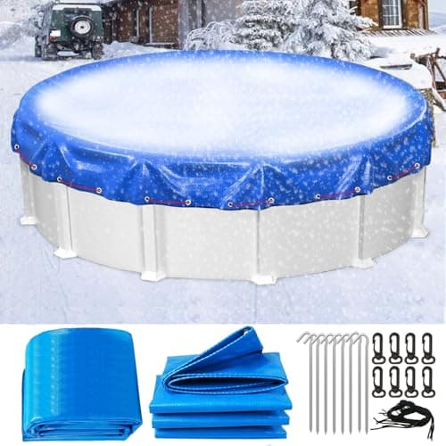 LXKCKJ 24 Ft Round Pool Cover, Winter Pool Covers for Large Above Ground Pools, Extra Thick PE Pool Cover Add Ground Nail Set and Specially Molded Winch Ideal for Waterproof and Dustproof (Blue)