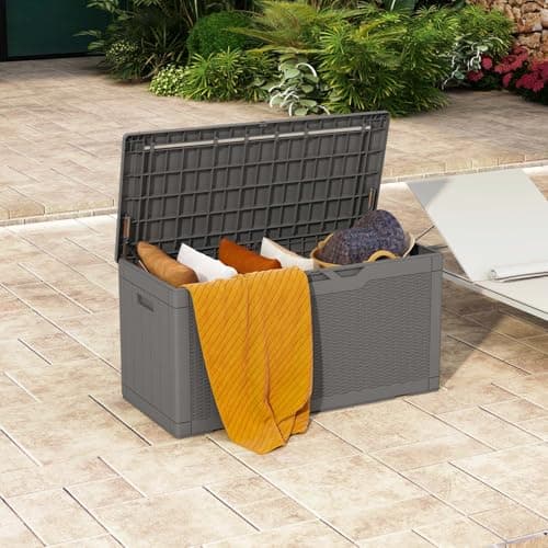 Patiowell 100 Gallon Resin Deck Box, Waterproof Large Outdoor Storage Box for Patio Furniture and Garden Tools, Grey