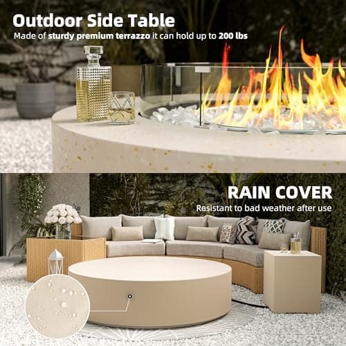 UPHA 42-inch Outdoor Propane Gas Fire Pit Table 50000 BTU Concrete Rectangle FirePit for Outside Patio with Propane Tank Cover, Wind Guad, White Glass Rocks, Rain Cover,Beige