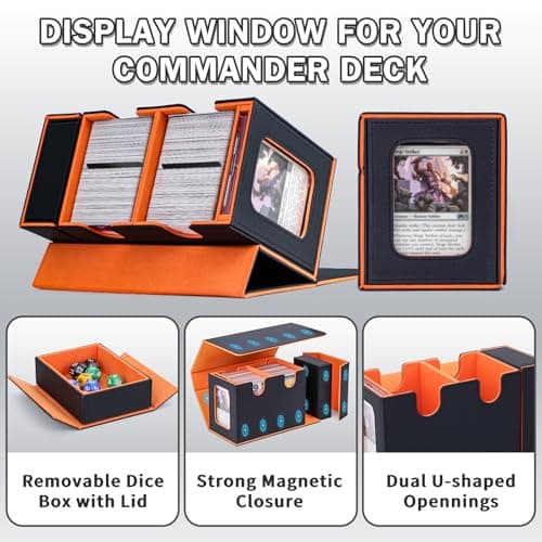 Commander Deck Box for MTG, Card Deck Box with Dice Tray and Display Window, Fits 200+ Double-Sleeved Cards, Magnetic Leather Trading Card Storage Case for Magic Game Cards (Black & Orange)