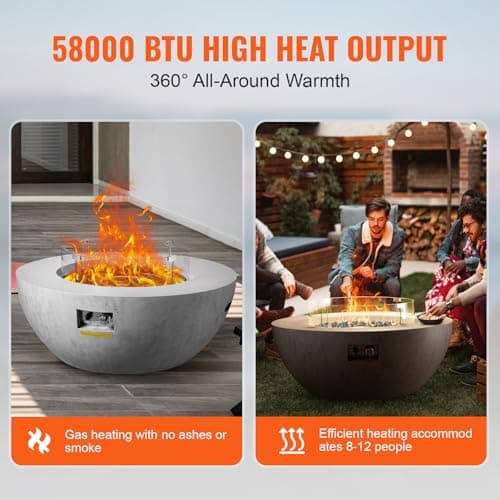 VEVOR Propane Fire Pit, Outdoor Concrete Gas Fire Pit, 39 in Tabletop with Lava Rocks, Lid,Rain Cover,Adjust Flame Height Camping Firepit for Heating, Lighting, 50000 BTU