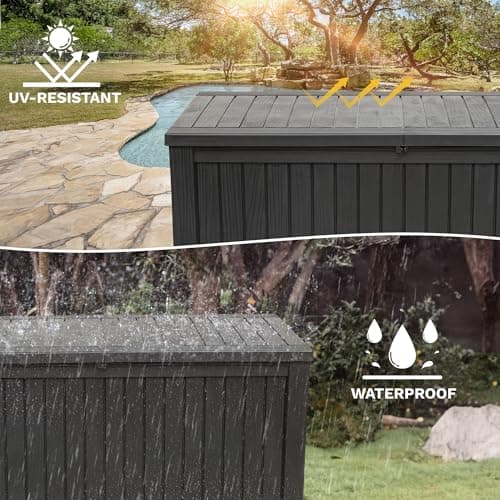DWVO 150 Gallon XL Deck Box with Divider & Lockable Lid, Waterproof Resin Outdoor Storage for Patio, Garden, Poolside, Cushions, Supplies & Sports Gear, Black