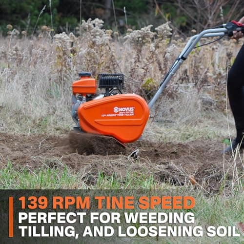 NOVUS 17-Inch Gas Tiller for Gardening, 79cc 4-Cycle Gas Engine, 2-in-1 Front Tine Tiller Cultivator, Toolless Tilling Width Adjustment, Forged Steel Tines, Integrated Transport Wheels