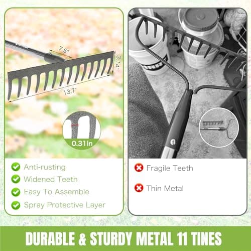 Joyhalo 14-Tine Garden Rake - Adjustable Length 30.5 to 57 Inch, Metal, Levels Soil & Rocks