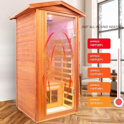 Mahogany Outdoor Sauna, 1 Person Far Infrared Sauna for Home, 1560W, with Bluetooth, LED Reading Lamp, Chromotherapy Lamp, for Indoor and Outdoor Wooden Sauna
