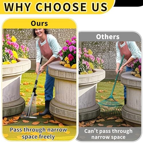Garden Rake for Leaves,Heavy Duty Metal Adjustable Leaf Rake for Lawns,Long Handle 33"-69" with Expandable Head 8"-15",Garden Tools for Yard Lawn Shrub Garden Beds