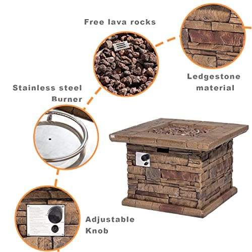 COSIEST Outdoor Propane Fire Pit Table w Faux Brown Ledgestone 32-inch Square Fire Table, CSA Certified, 50,000 BTU Stainless Steel Burner, Free Lava Rocks, Fits 20lb Tank Inside