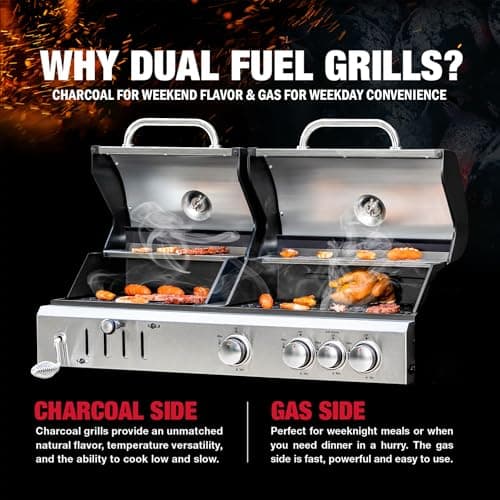 3 Burner Propane Gas and Charcoal Grill Combo with Side Burner & Porcelain-Enameled Cast Iron Grates, 37,000 BTUs 685 SQIN Dual Fuel Outdoor BBQ Grill for Patio Garden Picnic Backyard Barbecue Cooking