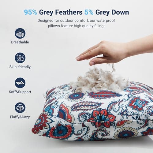 Waterproof Outdoor Pillows, Feather and Down Filled Outdoor Throw Pillows Water-Resistant Decorative Premium Lumbar Pillow Pack of 2