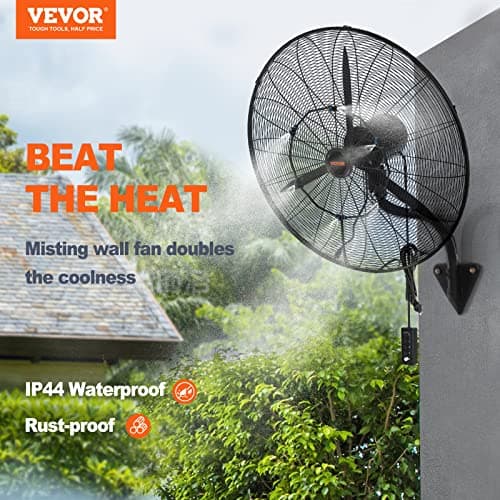 VEVOR 30 Inch Wall-Mount Misting Fan, 3-speed IP44 Waterproof Oscillating, Max. 9500 CFM Wall Mounted Fan for Outdoor, Commercial, Residential, Greenhouse, Workshop, Patio, Black, ETL Listed