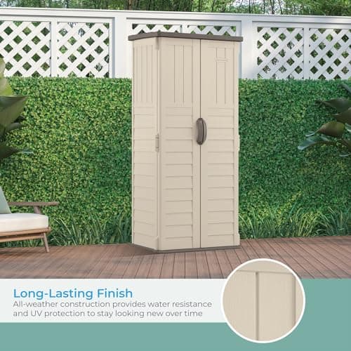 Suncast Vertical Outdoor Storage Shed with Reinforced Floor, Lockable Double Doors, All-Weather Construction, and Multi-Wall Panels, Vanilla, Made in the USA