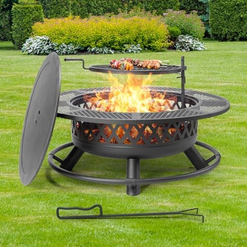 42 Inch Outdoor Fire Pit with Grill, Large Firepit Table for Outside, Metal Round Firepits with Lid&Fire Poker,3 in 1 Wood Burning Fire Pits & Outdoor Fireplaces for Backyard,Patio(Black)