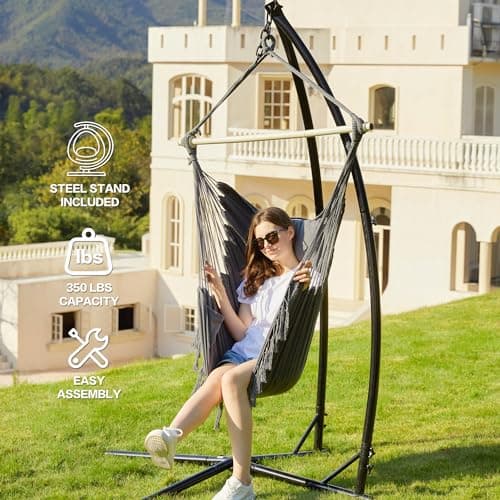 PNAEUT Hammock Chair with Stand Indoor Outdoor, Hanging Egg Swing Chair with Patented Adjustable Pillow, 2 Cushions, Bag, for Bedroom Balcony Patio, Stand 350lbs / Chair 500lbs Capacity (Dark Gray)