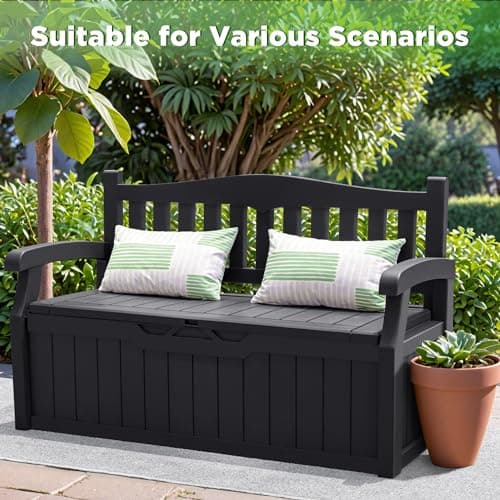 Greesum 80 Gallon Storage Bench Outdoor Deck Box with Armrest, Patio Furniture,Lockable, Waterproof and UV Resistant, Suitable for Garden, Pool, Black