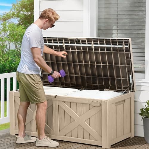 YITAHOME 120 Gallon Large Deck Box, Upgraded Resin Outdoor Storage Boxes w/Flexible Divider, Waterproof Cushion Storage Bench for Patio Furniture, Pool Supplies, Garden Tools - Lockable, Light Brown